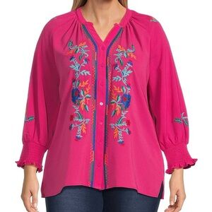 Pink Ruffled 3/4 Sleeve Embellished Blouse